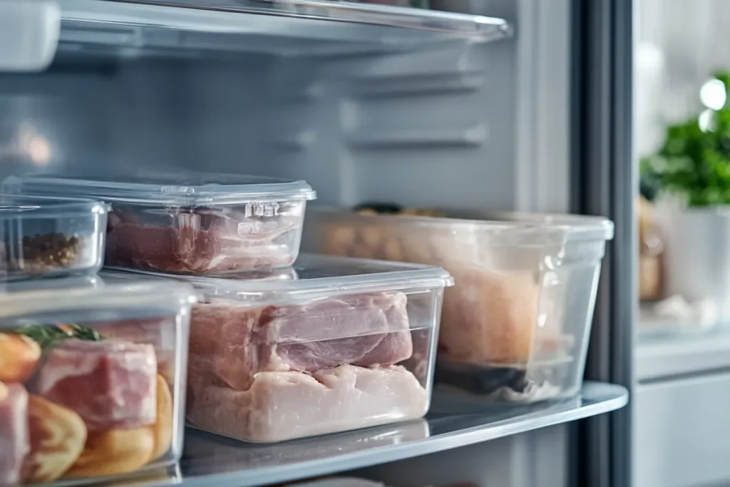 neat and organized kitchen scene showing ham spread being stored properly