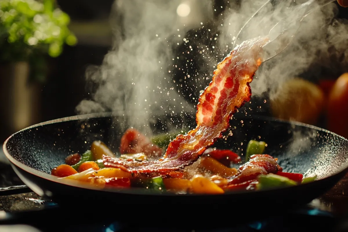 A dynamic shot capturing the moment beef bacon is being flipped in a hot skillet, with steam rising and a splash of oil, showcasing the golden-brown color and crispy texture, surrounded by a colorful array of vegetables like bell peppers and onions.