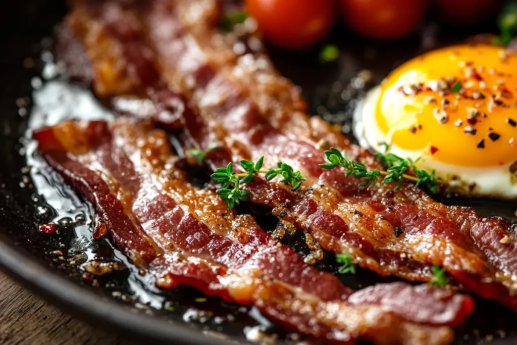 A vibrant and enticing close-up of crispy beef bacon strips sizzling in a skillet, with a sprinkle of fresh herbs and a side of golden fried eggs, all set against a rustic wooden table background, warm lighting to enhance the deliciousness.