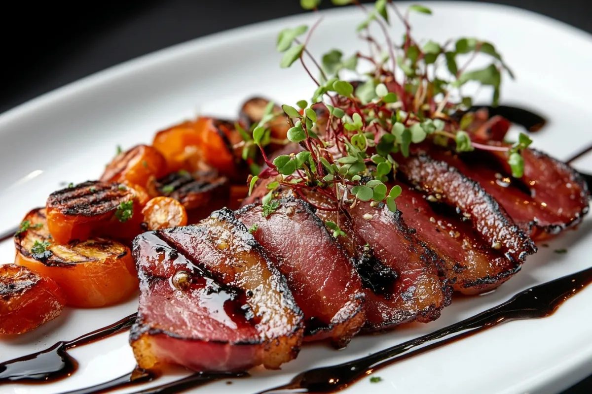 An elegant plating of beef bacon served on a white plate, garnished with microgreens and a side of roasted vegetables, with a drizzle of balsamic glaze, all set on a beautifully styled table with soft, ambient lighting to enhance the dish's appeal.