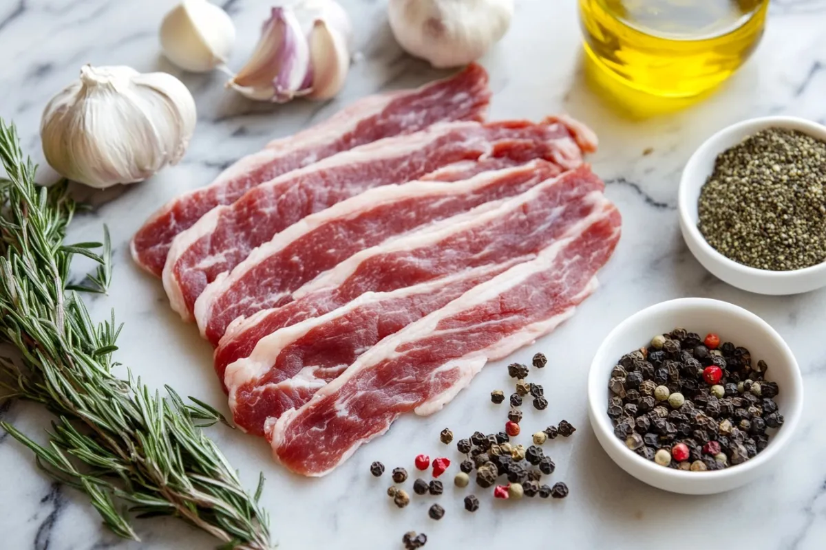 An artistic arrangement of key ingredients for beef bacon: thick slices of raw beef, a variety of spices including black pepper and paprika, fresh herbs like rosemary and thyme, and a drizzle of olive oil, all beautifully displayed on a marble countertop with natural light.