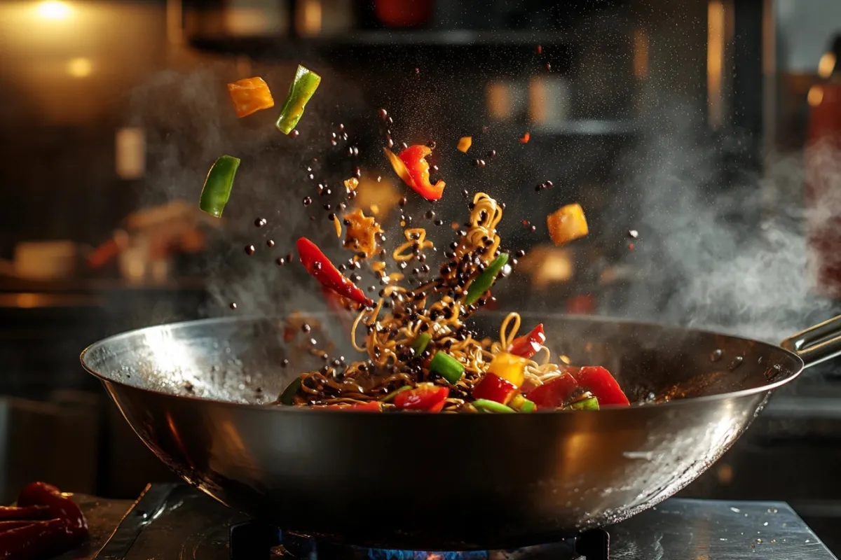 A dynamic shot of a chef skillfully stir-frying black bean noodles in a hot wok, with vibrant vegetables flying through the air, steam rising, and a splash of soy sauce being added, capturing the energy and excitement of the cooking process, with a blurred kitchen background.