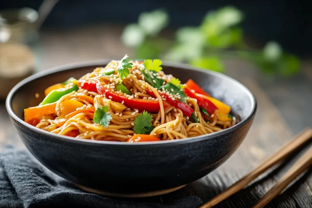 A vibrant bowl of black bean noodles topped with colorful vegetables like bell peppers, carrots, and green onions, drizzled with a glossy sesame sauce, garnished with sesame seeds and fresh cilantro, set against a rustic wooden table with chopsticks beside it, soft natural lighting enhancing the textures and colors.