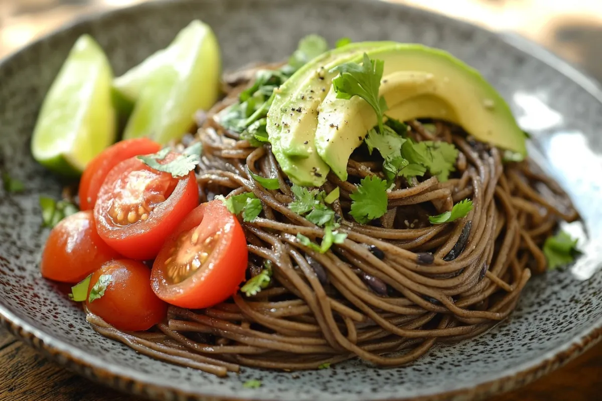 An elegant plate of black bean noodles artfully arranged, topped with sliced avocado, cherry tomatoes, and a sprinkle of fresh herbs, served with a side of lime wedges, on a stylish ceramic plate, with a rustic wooden table and soft lighting creating a warm atmosphere.