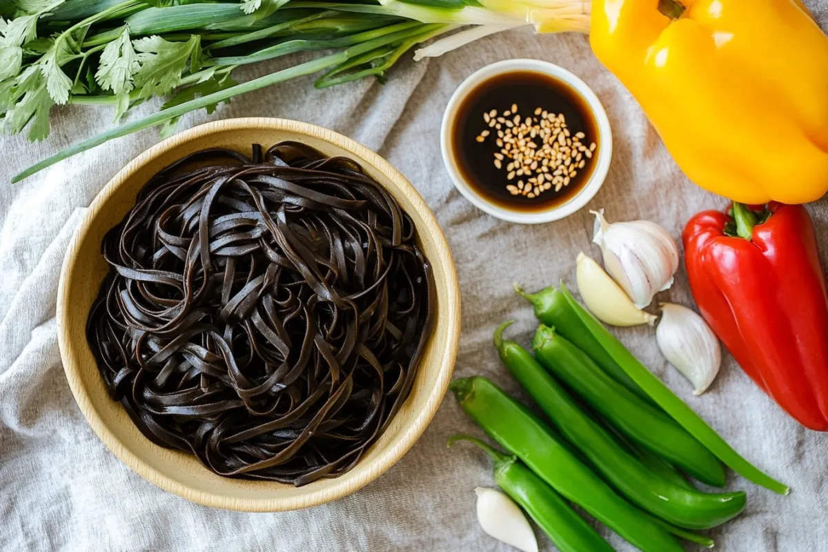 An artistic flat lay of the key ingredients for black bean noodles: a bowl of black bean noodles, fresh bell peppers, green onions, garlic, ginger, and a small dish of sesame oil, all arranged on a textured linen cloth, with a hint of fresh herbs in the background, bright and inviting colors.