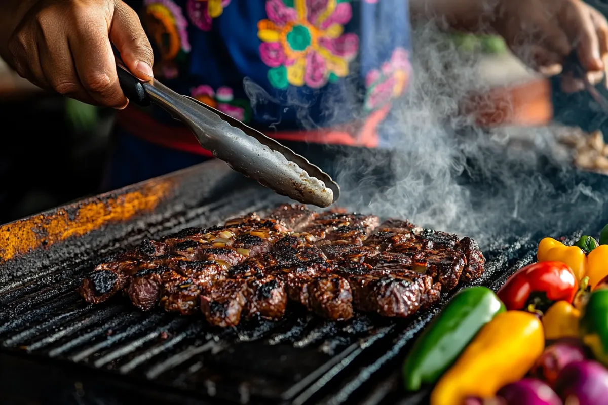 A dynamic shot of a chef grilling carne asada on a sizzling hot grill, with smoke rising and the meat beautifully seared. The chef is using tongs to flip the steak, showcasing the caramelized crust and juicy interior. The background features a vibrant outdoor setting with colorful peppers and onions ready to be grilled, capturing the excitement of cooking.