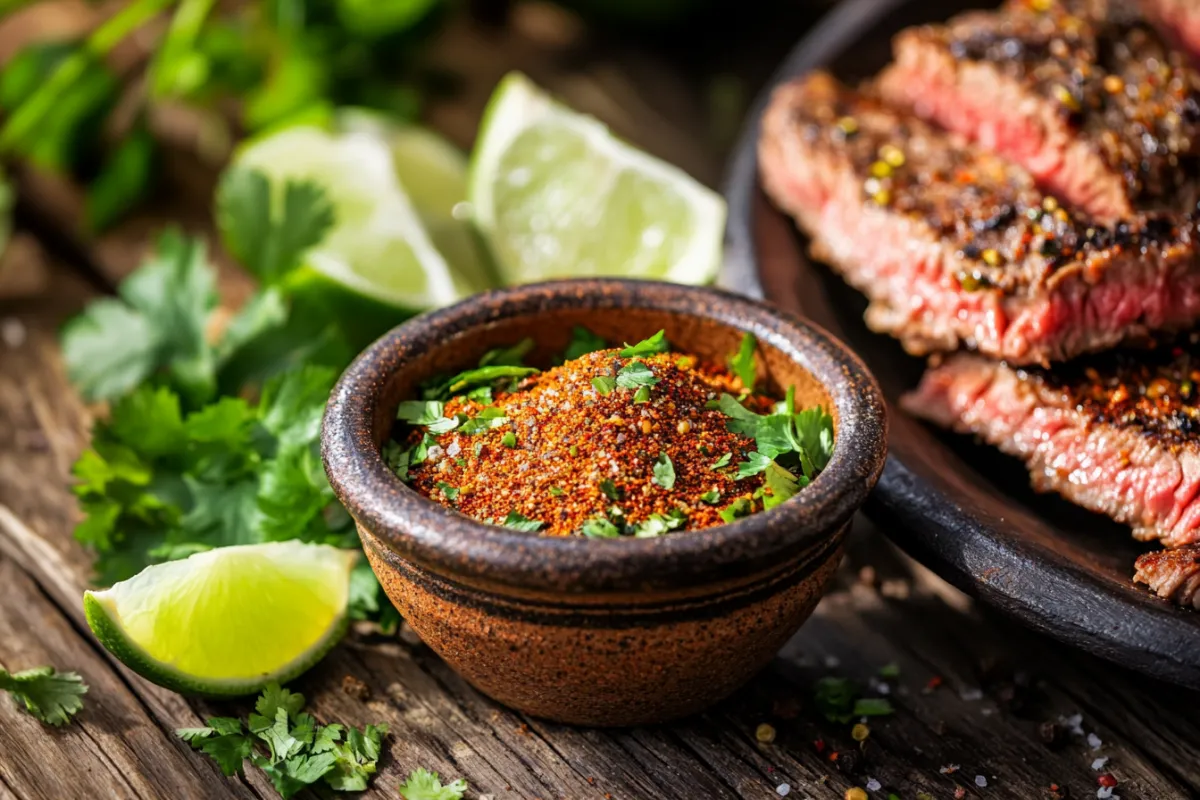 A vibrant and colorful display of carne asada seasoning, featuring a rustic wooden table background. The seasoning blend is in a small bowl, surrounded by fresh cilantro, lime wedges, and grilled steak slices. The sunlight casts a warm glow, enhancing the textures and colors of the spices and ingredients, evoking a sense of deliciousness and authenticity.