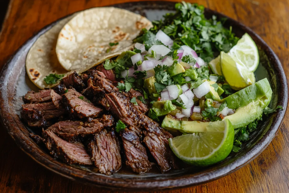 An elegant plate of carne asada served with fresh toppings, including chopped onions, cilantro, and avocado slices. The dish is garnished with lime wedges and served alongside warm tortillas on a rustic wooden table. The colors are bright and appetizing, inviting viewers to dig in and enjoy this flavorful meal.