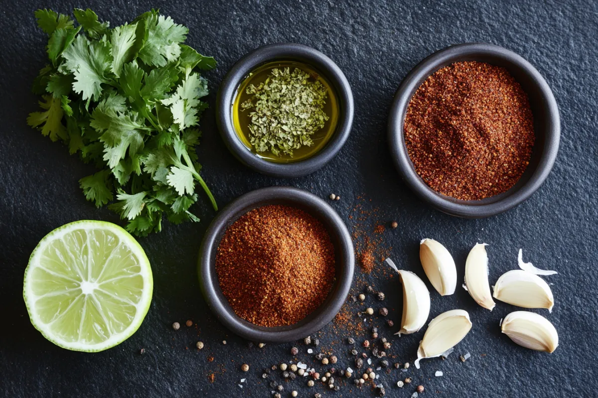 An artistic arrangement of key ingredients for carne asada seasoning, including chili powder, cumin, garlic powder, and fresh herbs. The ingredients are neatly placed on a dark slate surface, with some scattered around for a natural look. A few lime slices and a small bowl of olive oil add freshness to the composition, creating an inviting and flavorful scene.