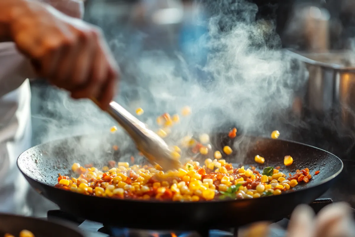 A dynamic shot of a chef skillfully cooking chorizo in a sizzling skillet, with vibrant corn kernels being added, creating a burst of color and flavor. The kitchen is filled with warm light, and the action captures the excitement of cooking, with steam rising and the chef's focused expression, emphasizing the culinary techniques involved in making the dish.