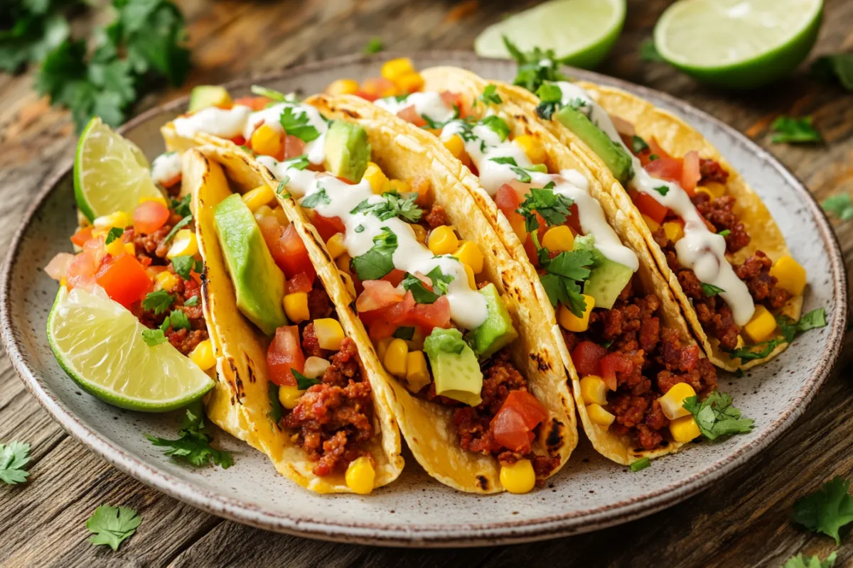 A vibrant and colorful plate of chorizo and corn tacos, garnished with fresh cilantro, lime wedges, and a drizzle of creamy sauce, set against a rustic wooden table background. The tacos are overflowing with juicy chorizo, sweet corn, and topped with diced tomatoes and avocado, creating an inviting and mouth-watering scene that captures the essence of a quick and delicious Mexican meal.