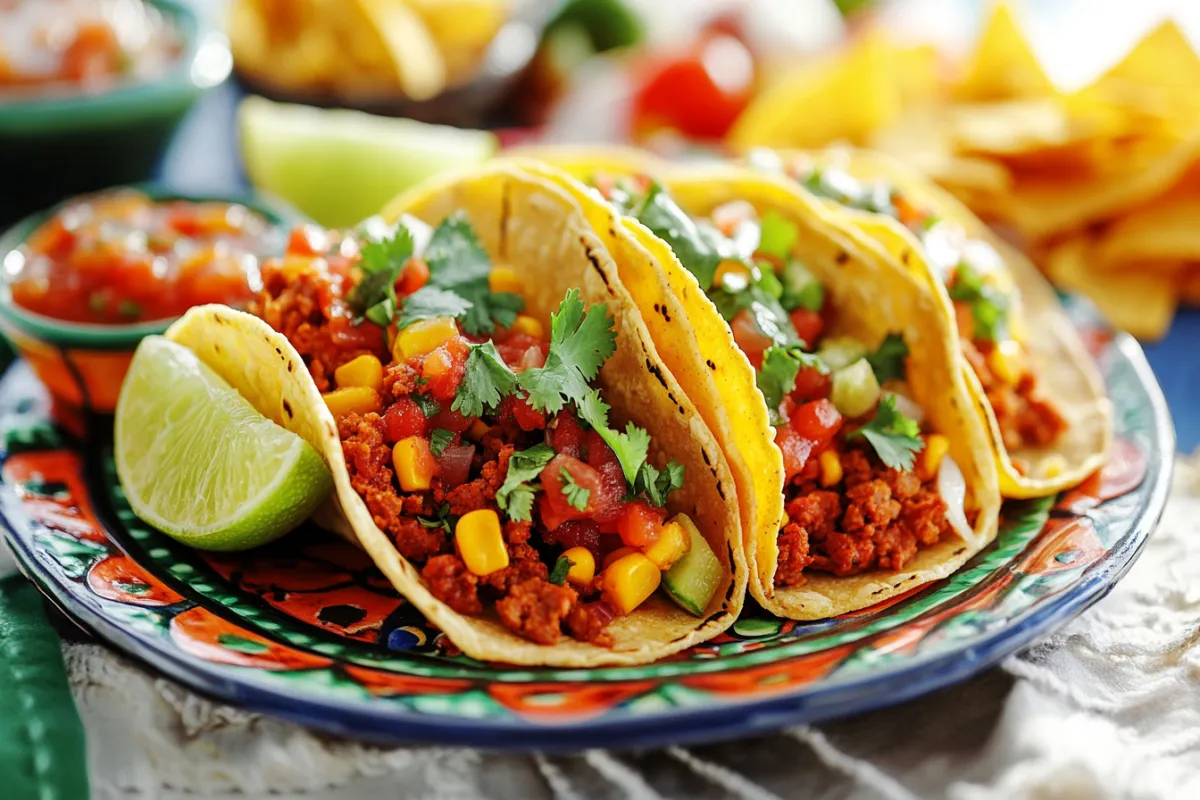 An elegant presentation of chorizo and corn tacos served on a decorative plate, garnished with fresh cilantro and lime wedges, with a side of colorful salsa and tortilla chips. The tacos are arranged artfully, showcasing their vibrant colors and textures, set against a bright, inviting background that enhances the appetizing look of the dish.