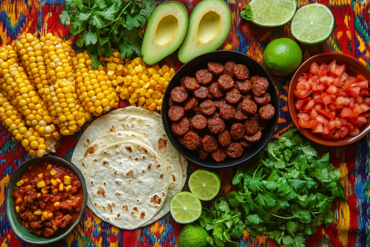 An artistic flat lay of the key ingredients for chorizo and corn tacos, including fresh chorizo sausage, sweet corn kernels, ripe avocados, diced tomatoes, cilantro, lime, and soft corn tortillas, arranged beautifully on a vibrant Mexican-style tablecloth. The colors are bright and inviting, showcasing the freshness and quality of the ingredients.