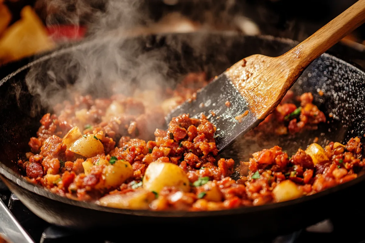 A dynamic shot of chorizo and potato hash being sautéed in a cast iron skillet, with sizzling sounds and steam rising, showcasing the vibrant colors of the ingredients as they cook together, with a wooden spatula in action, capturing the essence of home cooking.