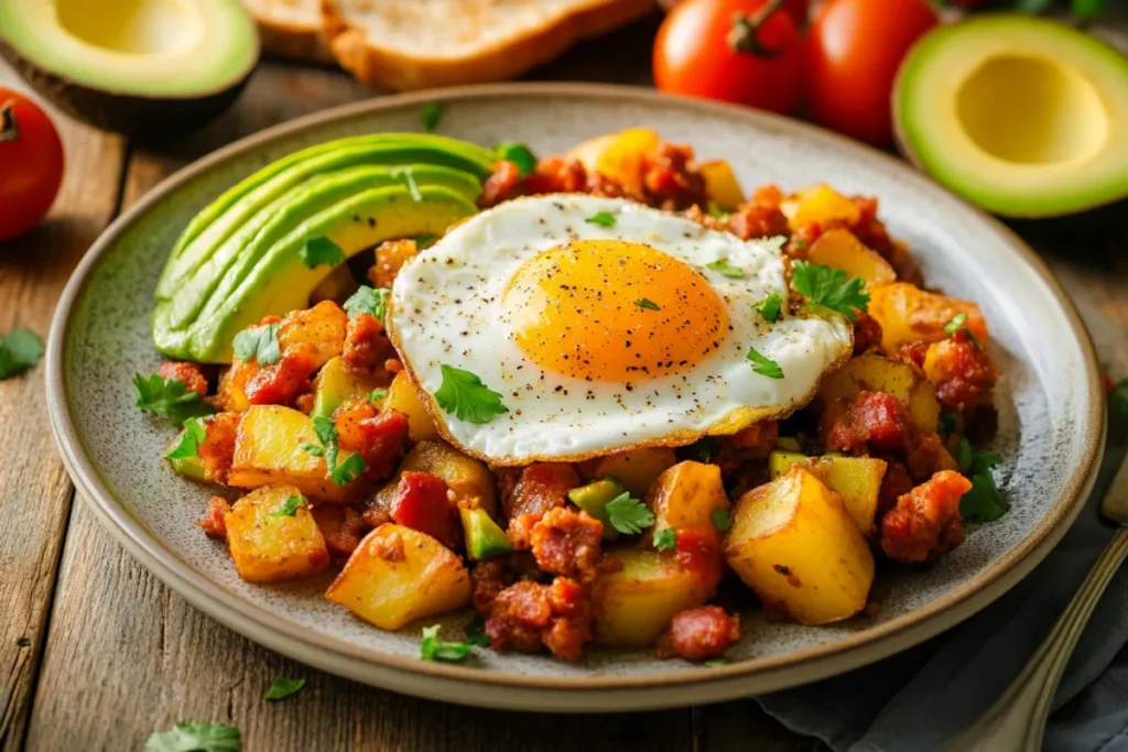 A vibrant and colorful plate of chorizo and potato hash, garnished with fresh herbs and a sunny-side-up egg on top, served on a rustic wooden table with a side of avocado slices and toast, warm morning light illuminating the scene, creating a cozy breakfast atmosphere.