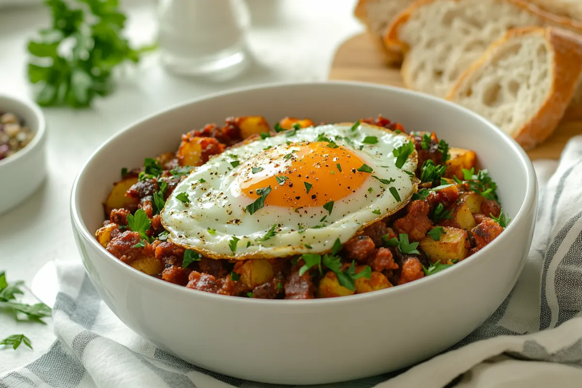 An elegant presentation of chorizo and potato hash served in a white bowl, topped with a perfectly cooked sunny-side-up egg, sprinkled with fresh parsley, and a side of crusty bread, set against a bright kitchen backdrop, evoking a sense of warmth and comfort.