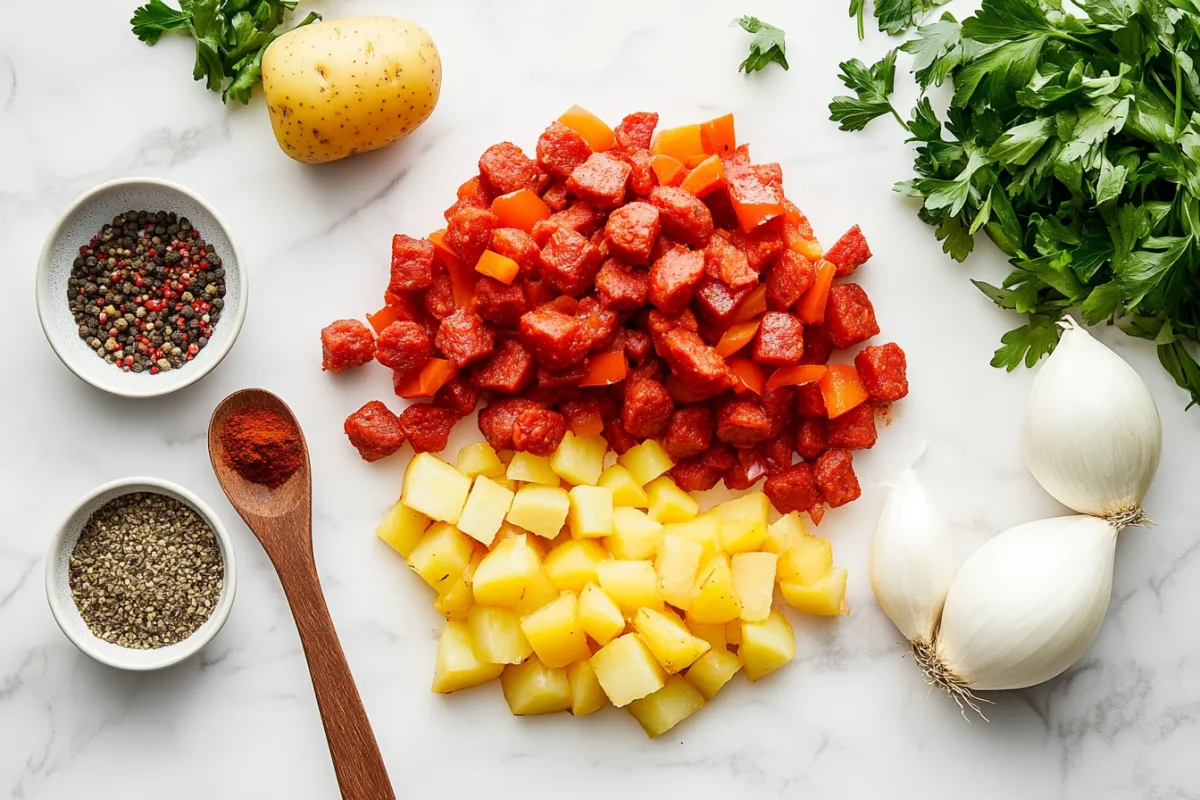 An artistic arrangement of the key ingredients for chorizo and potato hash: diced potatoes, spicy chorizo sausage, bell peppers, onions, and fresh herbs, displayed on a marble countertop with a wooden spoon and a small bowl of spices, creating a fresh and inviting look.