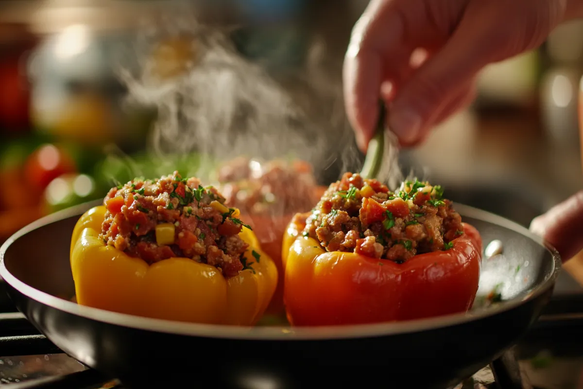 A dynamic shot capturing the moment of stuffing bell peppers with a flavorful chorizo mixture, with hands in action, vibrant colors of the ingredients visible, and a sizzling pan in the background, conveying the excitement and energy of cooking in a modern kitchen setting.