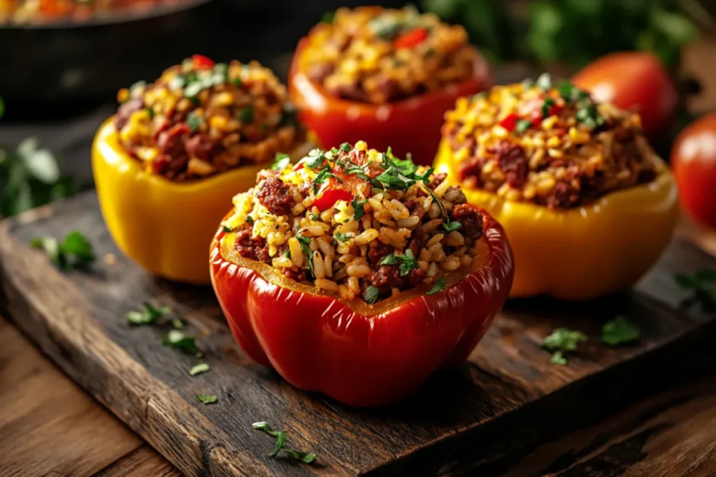 A vibrant, close-up shot of chorizo-stuffed bell peppers, showcasing the colorful peppers filled with a savory mixture of chorizo, rice, and spices, garnished with fresh herbs, set against a rustic wooden table with a soft-focus background of a cozy kitchen, warm lighting to enhance the inviting atmosphere.