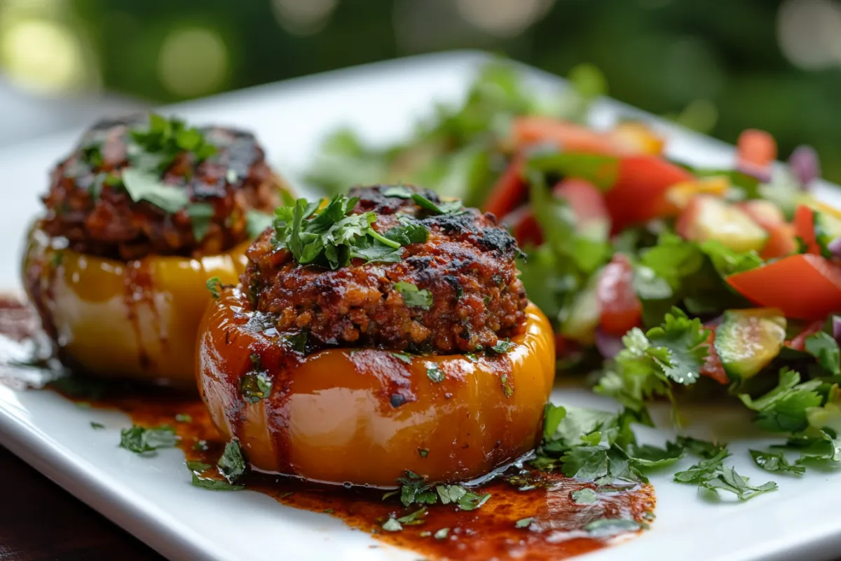 An elegant presentation of the finished chorizo-stuffed bell peppers on a white plate, drizzled with a tangy sauce, garnished with fresh cilantro, and served alongside a colorful salad, all set on a beautifully styled dining table with soft, ambient lighting to create a warm, inviting atmosphere.