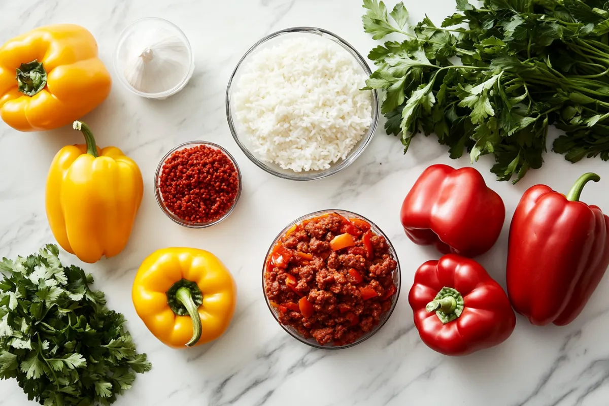 An artistic arrangement of the key ingredients for chorizo-stuffed bell peppers, including bright red and yellow bell peppers, spicy chorizo sausage, fluffy rice, diced tomatoes, and fresh herbs, all beautifully displayed on a marble countertop with natural light highlighting their textures and colors.