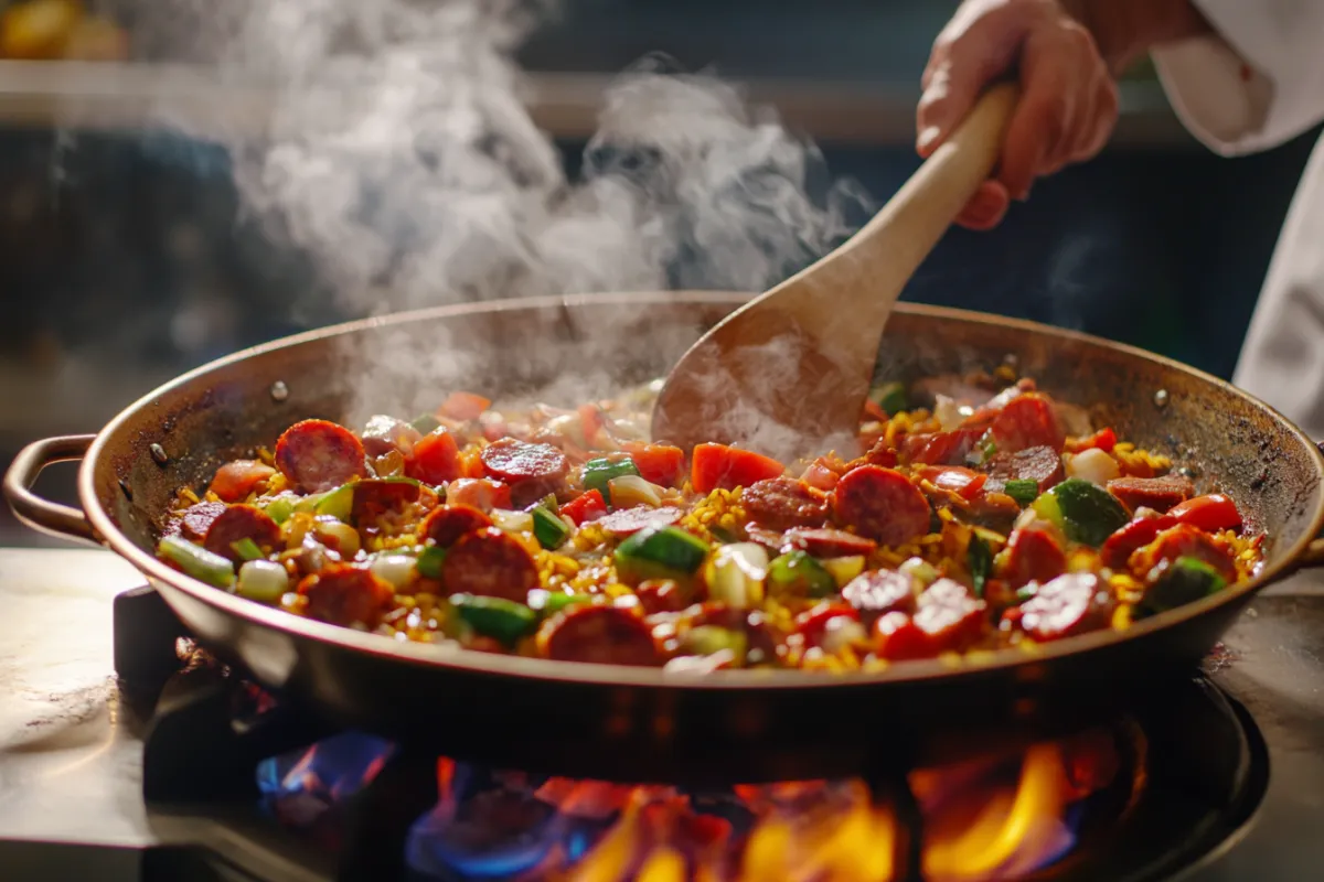 A dynamic action shot of a chef stirring chorizo and vegetables in a large paella pan over an open flame, with vibrant colors of the ingredients blending together, smoke rising, and a wooden spoon in motion, capturing the excitement and energy of cooking this classic dish.