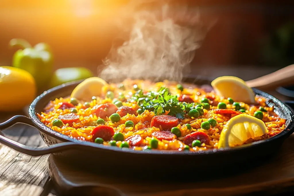 A vibrant, close-up shot of a steaming chorizo paella in a traditional paella pan, garnished with fresh parsley and lemon wedges, set on a rustic wooden table, with colorful bell peppers, peas, and saffron rice visible, sunlight streaming in to enhance the golden hues, evoking a warm, inviting atmosphere.