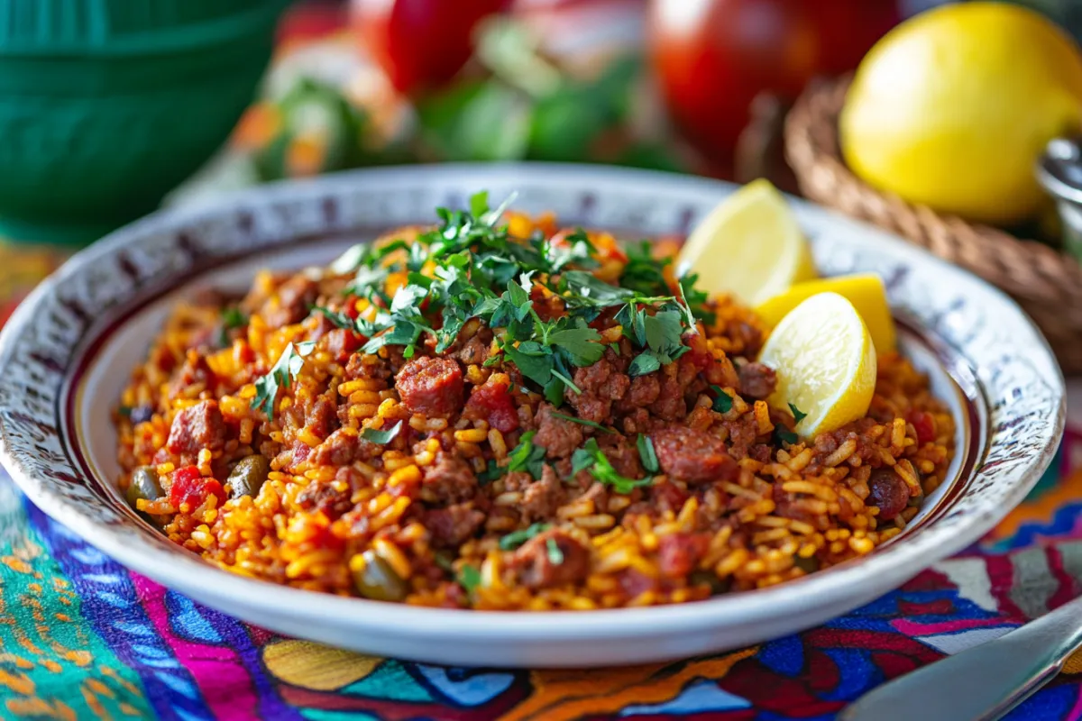 A beautifully plated serving of chorizo paella on a white dish, garnished with fresh herbs and lemon wedges, with a colorful background of Spanish decor, showcasing the rich textures and colors of the dish, inviting viewers to indulge in this classic Spanish delight.