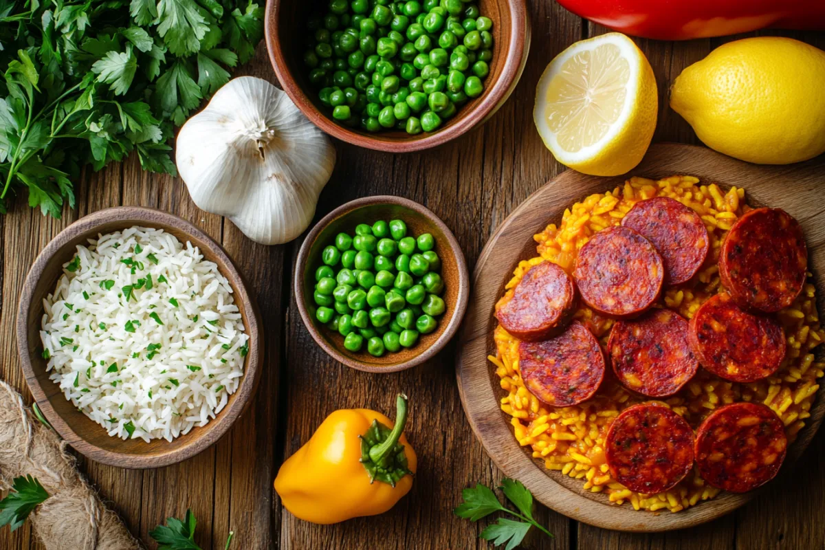 An artistic flat lay of the key ingredients for chorizo paella, including sliced chorizo, saffron threads, fresh bell peppers, peas, garlic, and a bowl of rice, arranged on a rustic wooden surface, with a few sprigs of parsley and a lemon half for color, creating a vibrant and appetizing display.