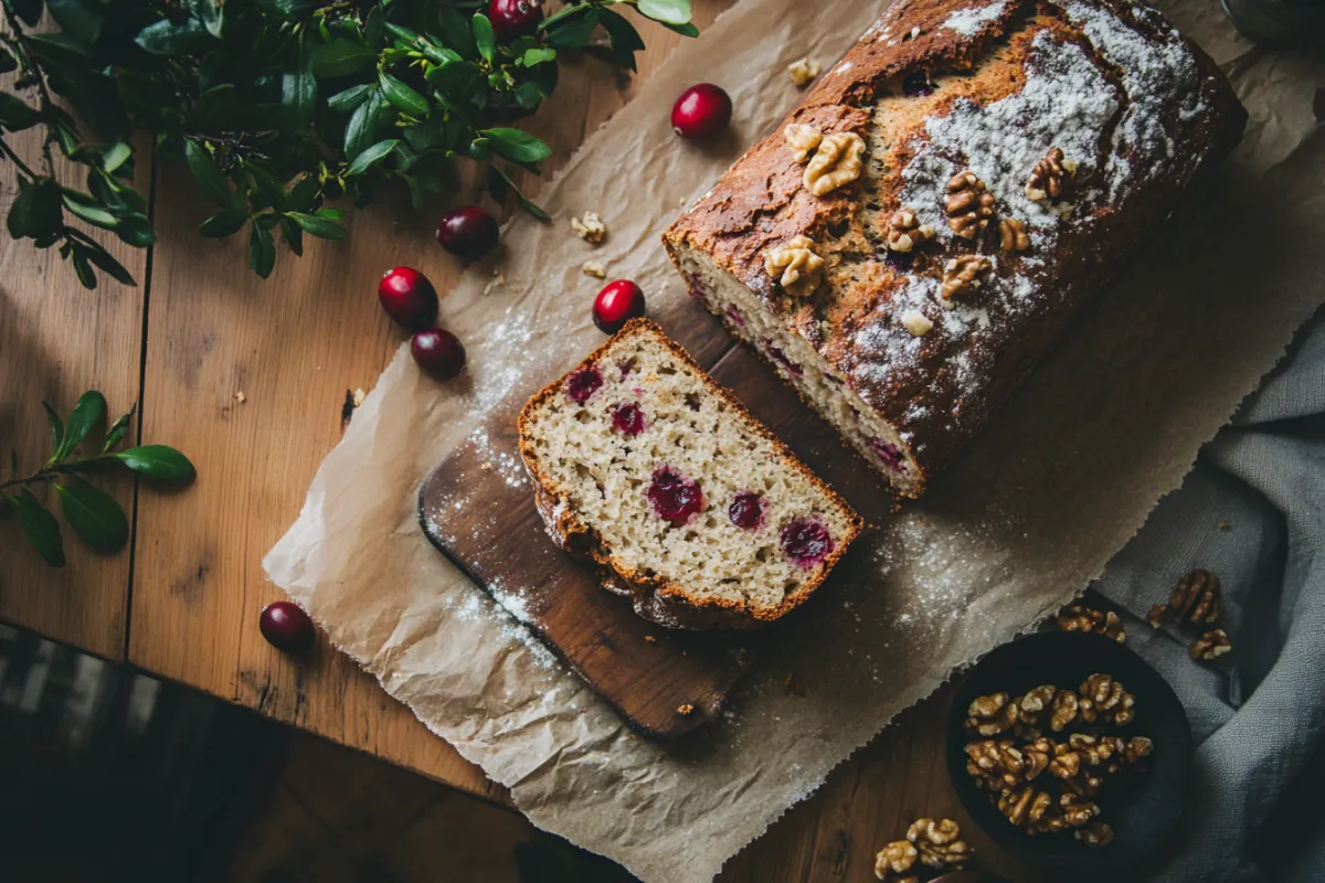 A rustic wooden table adorned with a freshly baked cranberry walnut bread, golden brown crust, and a sprinkle of flour around it. The bread is sliced to reveal the vibrant red cranberries and crunchy walnuts inside. Soft natural light filters through a nearby window, casting gentle shadows, with a few scattered cranberries and walnuts around for added texture. A cozy kitchen atmosphere with a hint of greenery in the background.