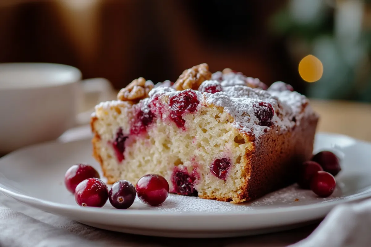 A beautifully plated slice of cranberry walnut bread on a white ceramic plate, garnished with a few whole cranberries and a sprinkle of powdered sugar. The bread is moist and fluffy, showcasing the rich texture and color of the cranberries and walnuts. The background is softly blurred, focusing on the bread, with a warm, inviting kitchen ambiance.