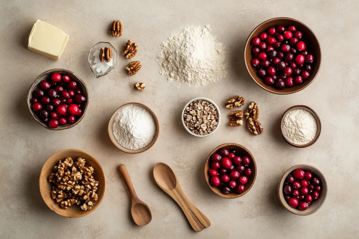 An artistic flat lay of the key ingredients for cranberry walnut bread: vibrant red cranberries, raw walnuts, all-purpose flour, sugar, butter, eggs, and baking powder. Each ingredient is neatly arranged in small bowls, with a wooden spoon and a measuring cup beside them. The background is a soft, neutral color to enhance the colors of the ingredients, creating a warm and inviting feel.