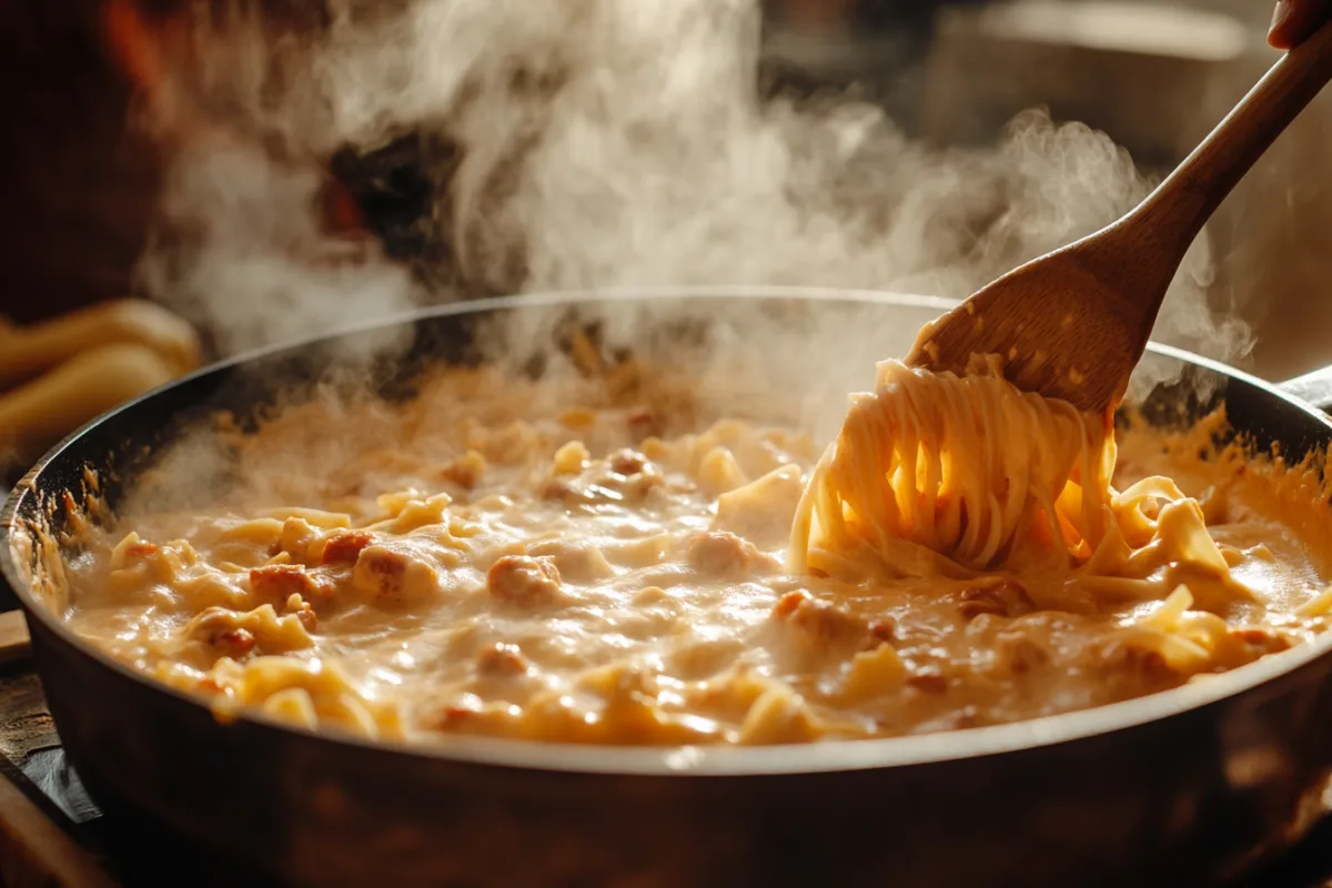 A dynamic shot of a chef stirring creamy chorizo pasta in a large skillet, with steam rising and the rich sauce clinging to the pasta. The scene captures the vibrant colors of the chorizo and the creamy sauce, with a wooden spoon in action. The background shows a cozy kitchen setting, filled with cooking utensils and warm lighting.