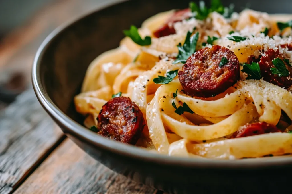 A vibrant bowl of creamy chorizo pasta, garnished with fresh parsley and a sprinkle of parmesan cheese, set against a rustic wooden table. The pasta is twirled elegantly, showcasing its creamy texture, with slices of spicy chorizo peeking through. Soft, warm lighting enhances the inviting atmosphere, making the dish look irresistible and comforting.