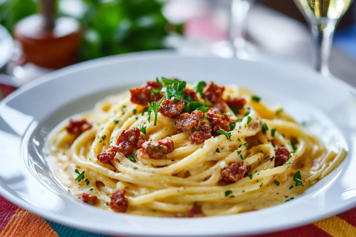 An elegant plate of creamy chorizo pasta, artfully arranged with a swirl of pasta, topped with crispy chorizo pieces and a sprinkle of fresh parsley. The dish is set on a white plate with a colorful tablecloth underneath, and a glass of white wine beside it, creating a sophisticated dining experience. Soft lighting enhances the creamy texture and vibrant colors.