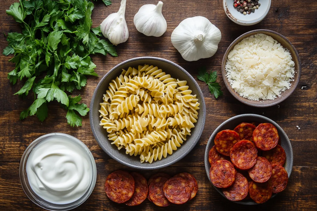 An artistic flat lay of the key ingredients for creamy chorizo pasta: uncooked pasta, spicy chorizo slices, heavy cream, garlic cloves, fresh parsley, and grated parmesan cheese. The ingredients are arranged on a textured wooden surface, with some herbs scattered around for a fresh touch, all under natural light to highlight their colors and textures.