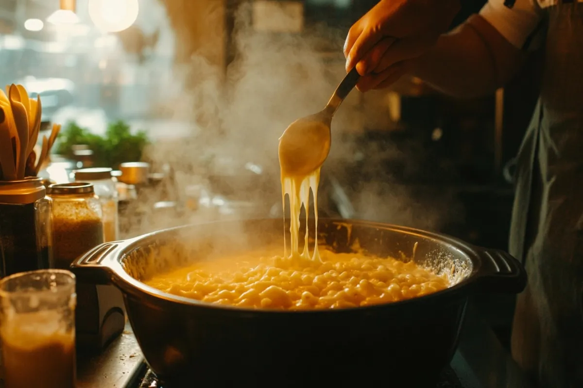 A dynamic shot of a chef stirring a bubbling pot of mac and cheese in a crock pot, with melted cheese stretching from the spoon. The kitchen is filled with warm light, and there are ingredients scattered around, emphasizing the homey cooking atmosphere.