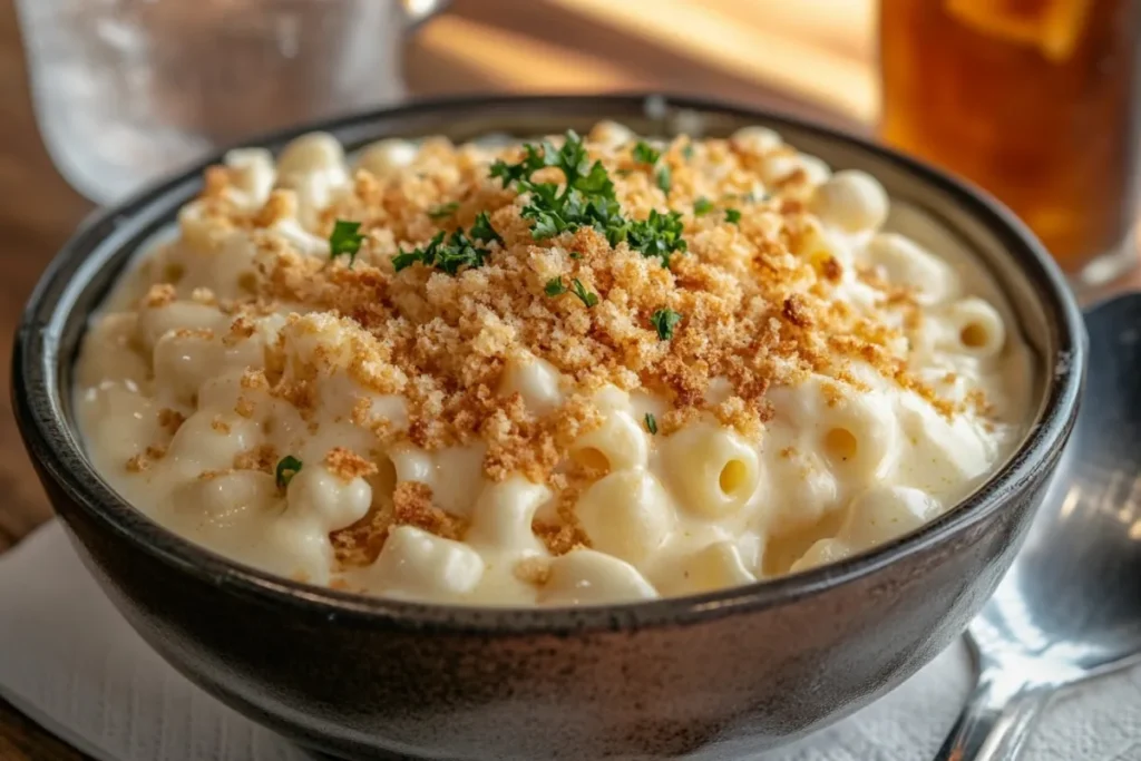 A steaming bowl of creamy crock pot mac and cheese, topped with golden breadcrumbs and fresh parsley, set against a rustic wooden table. The cheese is oozing out, showcasing its rich texture, with a side of a vintage spoon and a glass of iced tea, creating a warm and inviting atmosphere.