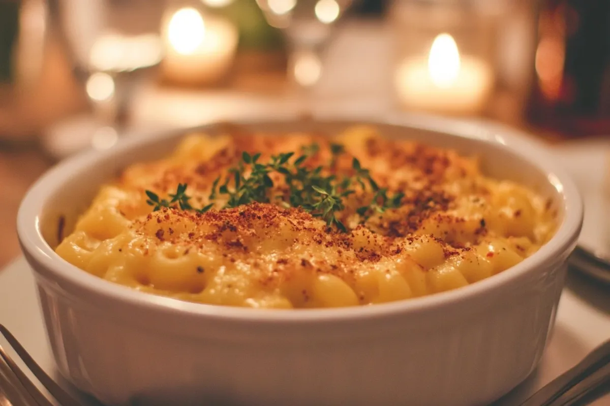 An elegant serving of crock pot mac and cheese in a white ceramic dish, garnished with fresh herbs and a sprinkle of paprika, placed on a beautifully set dining table with soft lighting. The dish looks creamy and inviting, ready to be served to guests.