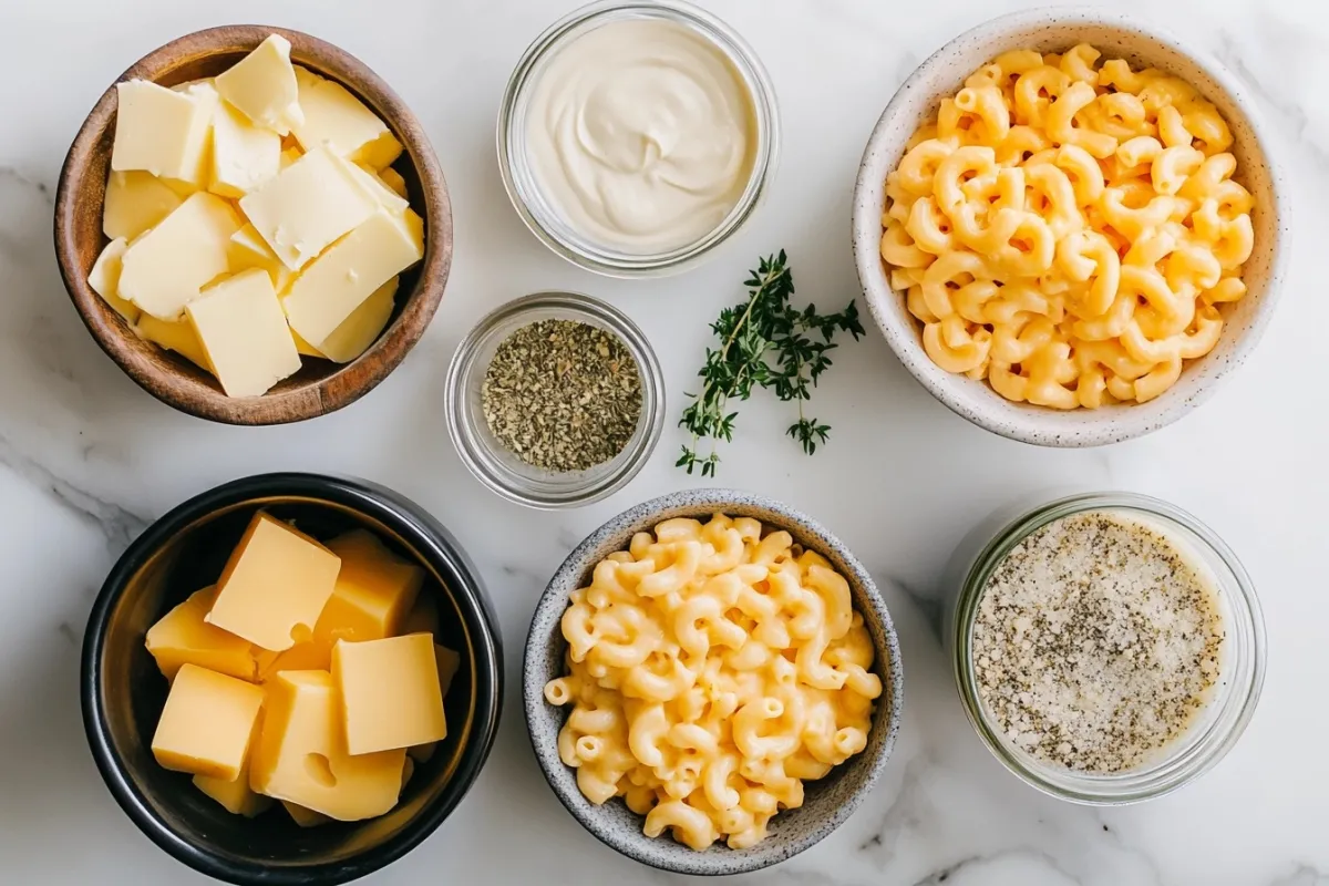 An artistic arrangement of the key ingredients for crock pot mac and cheese: elbow macaroni, sharp cheddar cheese, cream, butter, and spices, beautifully displayed on a marble countertop. The ingredients are in rustic bowls and jars, with a sprinkle of cheese and herbs for added color.