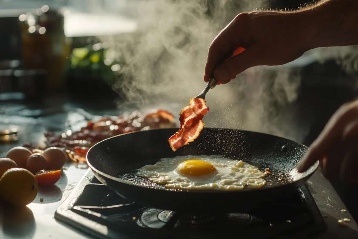 An action shot of a chef flipping a perfectly cooked egg in a skillet, with sizzling bacon in the background. The kitchen is bright and inviting, with fresh ingredients scattered around, capturing the excitement of cooking a Jimmy Dean breakfast sandwich.