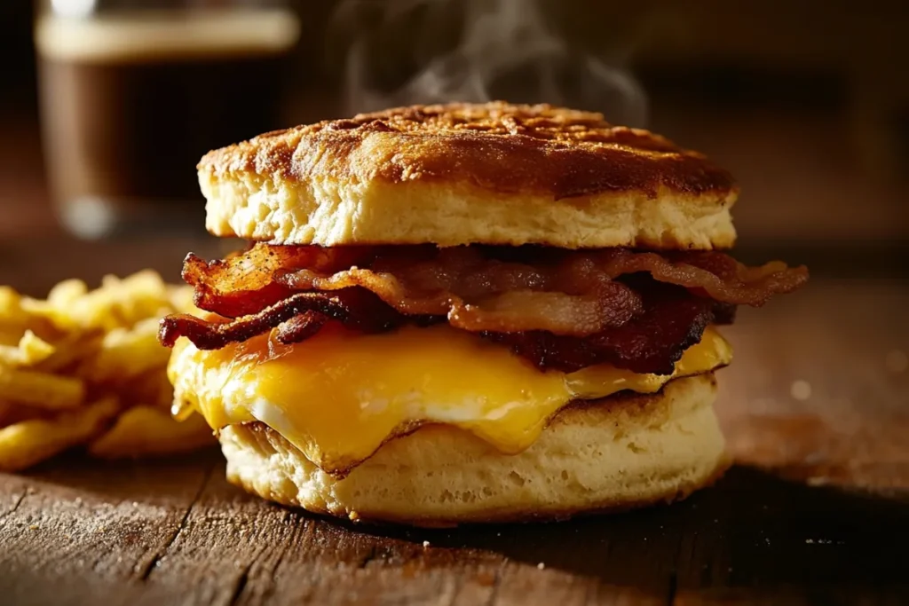 A mouth-watering Jimmy Dean breakfast sandwich, featuring a perfectly cooked egg, crispy bacon, and melted cheese, all nestled between two fluffy biscuits. The sandwich is placed on a rustic wooden table, with a side of golden hash browns and a steaming cup of coffee in the background, bathed in warm morning light.