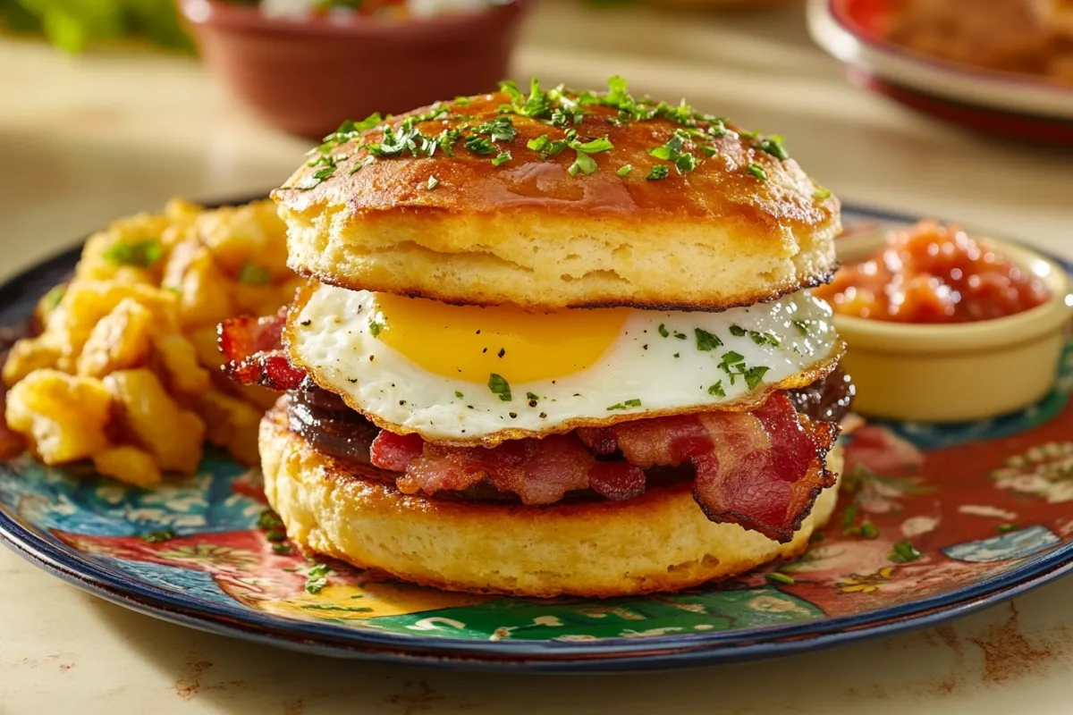 A beautifully plated Jimmy Dean breakfast sandwich, showcasing the layers of fluffy biscuit, crispy bacon, and a runny egg yolk. The sandwich is garnished with fresh herbs and served on a colorful plate, with a side of golden hash browns and a small bowl of salsa, all set against a bright kitchen backdrop.