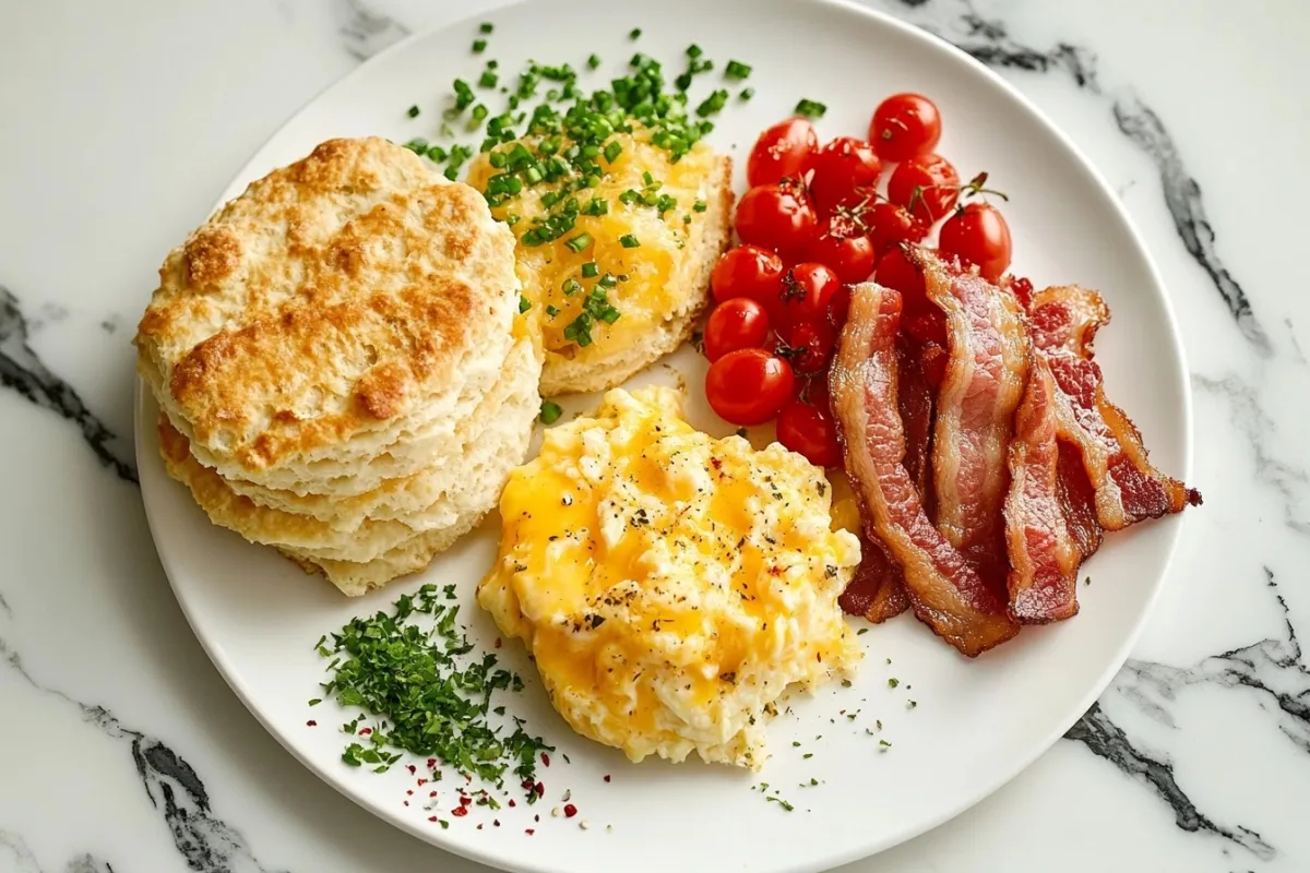 An artistic display of the key ingredients for a Jimmy Dean breakfast sandwich: fresh eggs, crispy bacon, cheddar cheese, and fluffy biscuits. The ingredients are arranged on a marble countertop, with vibrant colors and textures, and a sprinkle of herbs for added freshness.