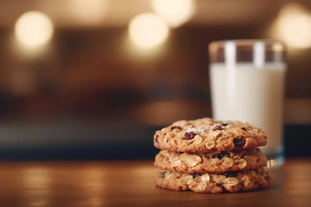 A warm, freshly baked oatmeal raisin cookie stacked on a rustic wooden table, with a glass of milk beside it. The cookies are golden brown, with visible oats and plump raisins, and a sprinkle of sea salt on top. Soft, natural lighting enhances the inviting atmosphere, with a blurred background of a cozy kitchen setting.