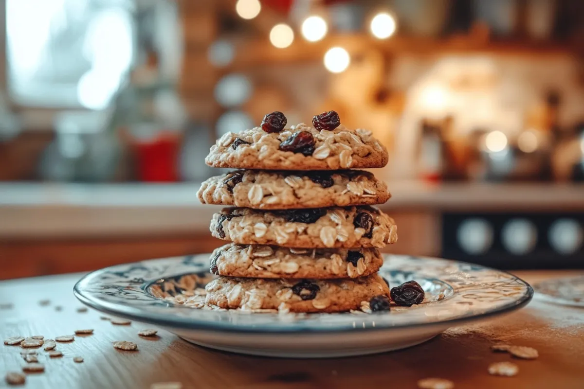 A beautifully plated stack of oatmeal raisin cookies on a decorative plate, garnished with a sprinkle of oats and a few raisins on top. The cookies are arranged artfully, with a soft-focus background of a cozy kitchen and a warm, inviting ambiance. Natural light highlights the texture and color of the cookies.