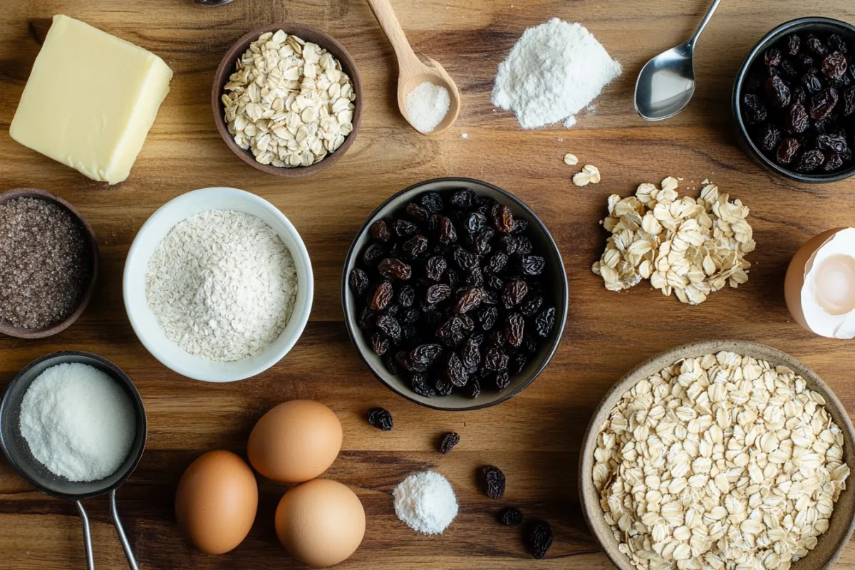 An artistic flat lay of the key ingredients for oatmeal raisin cookies: rolled oats, brown sugar, white sugar, flour, butter, eggs, vanilla extract, and a bowl of plump raisins. Each ingredient is neatly arranged on a wooden surface, with measuring cups and spoons scattered around, creating a vibrant and inviting scene.