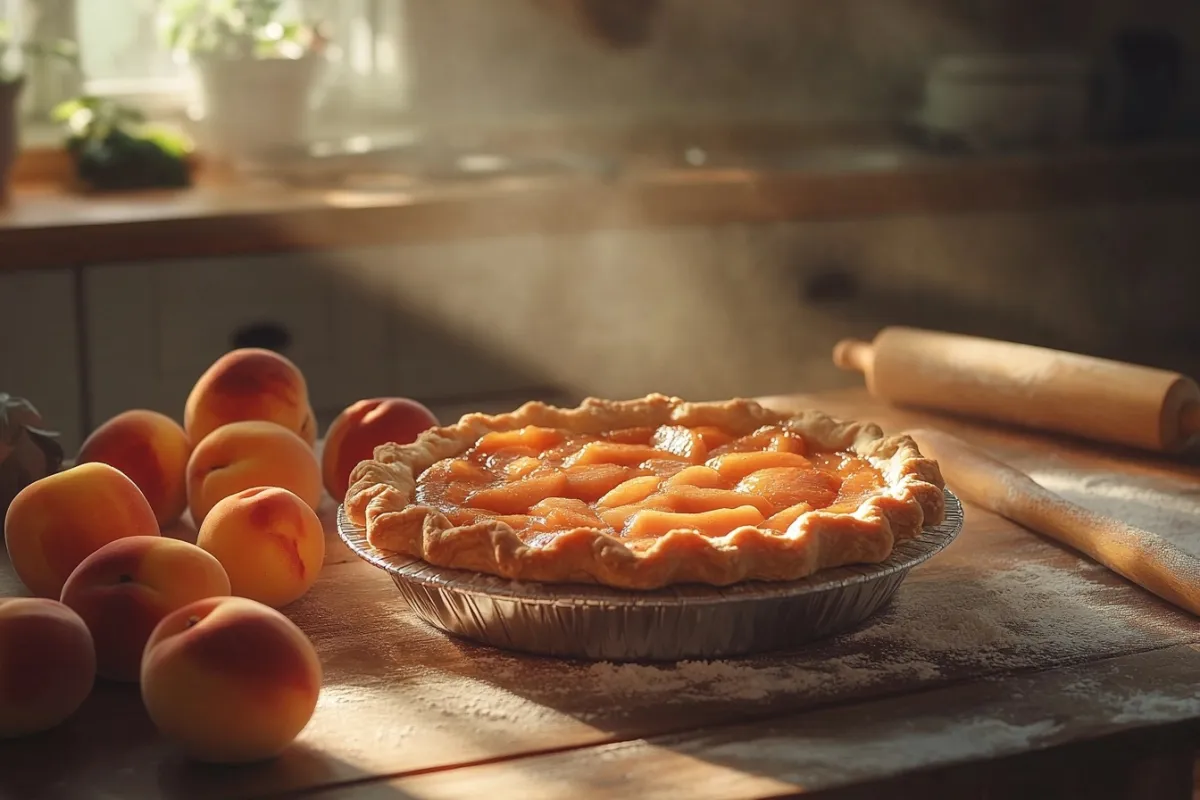 A beautifully styled peach pie on a rustic wooden table, with golden crust glistening in the sunlight, surrounded by fresh peaches, a sprinkle of flour, and a rolling pin, evoking a warm, inviting atmosphere, with a soft-focus background of a cozy kitchen.