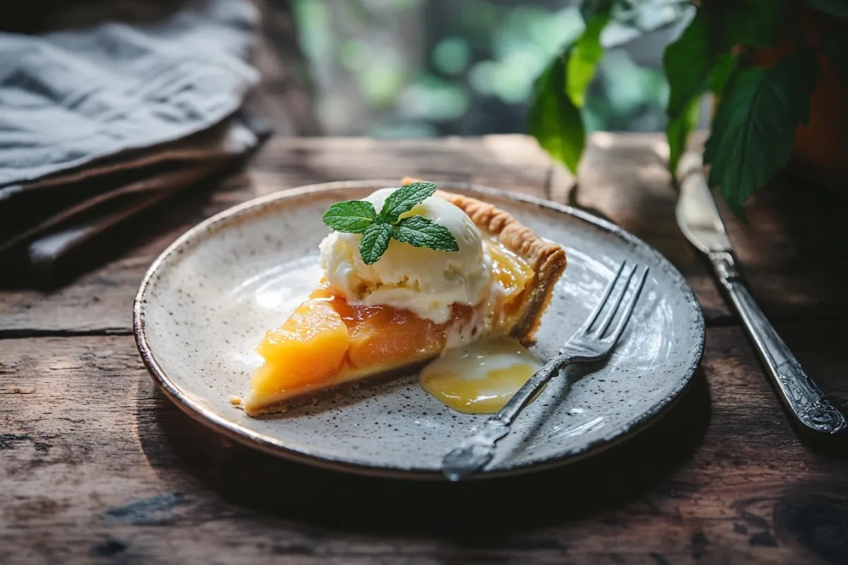 An elegant slice of peach pie on a delicate porcelain plate, topped with a scoop of vanilla ice cream melting slightly, garnished with a sprig of mint, and a fork resting beside it, all set on a rustic wooden table with a soft, warm light illuminating the scene.