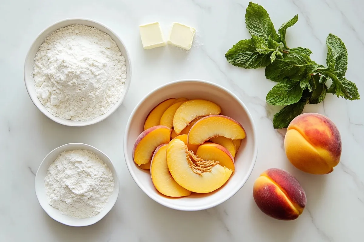 An artistic arrangement of key ingredients for peach pie: ripe, juicy peaches sliced and arranged in a bowl, a mound of flour, sugar, butter, and a pinch of salt, all set against a clean, white marble countertop, with a few sprigs of mint for color.